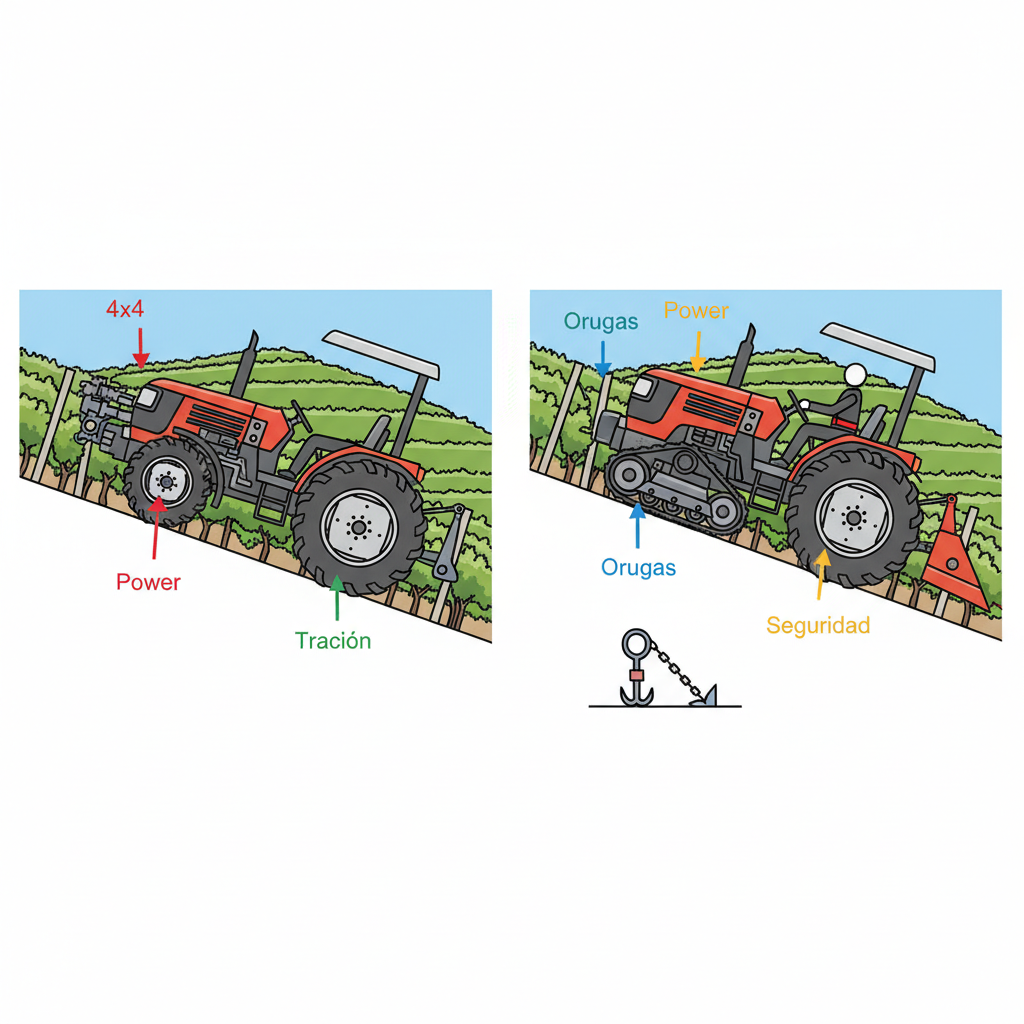 Cómo elegir el tractor perfecto para viñedos en pendiente: Potencia, tracción y seguridad