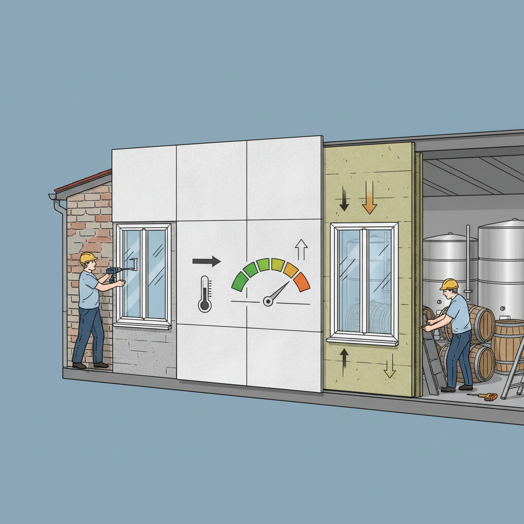 Rehabilitación de fachada con panel sándwich y ventanas de PVC en una bodega para mejorar su certificación energética